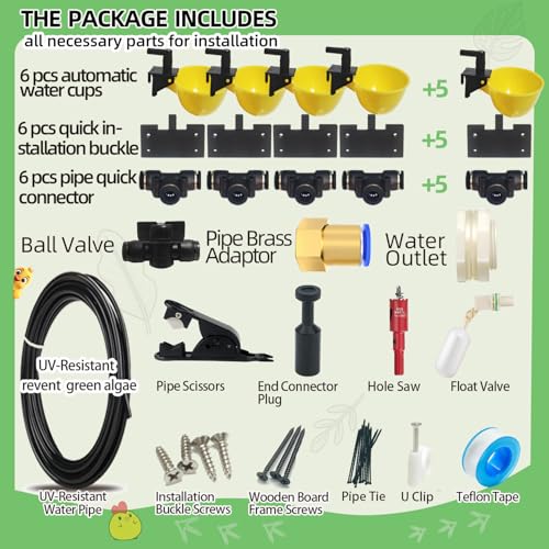 Complete Set Pipeline Automatic Chicken Waterer System, Innovative Quick-Connect Water System with Large Size Water Cups Removable and Washable, 21ft Pipeline and Float Valve (Yellow, 10Cups) - size: 10Cups