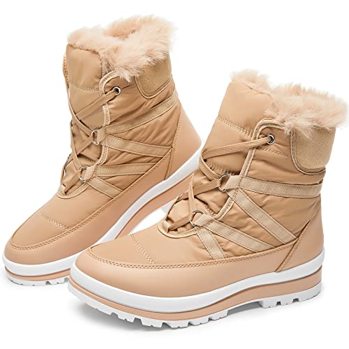BABUDOG Womens Warm Fur Lined Mid-Calf Boots Waterproof Winter Snow Boots Non-slip Lace up Combat Boots - color: Apricot, size: 9