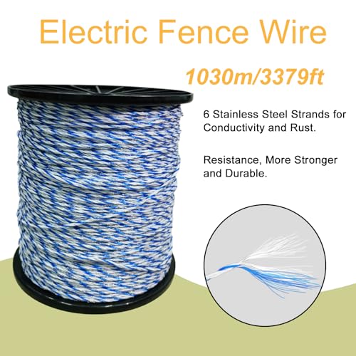Electric Fence Wire 3379 Feet 1030 Meters, 6 Stainless Steel Strands | Electric Polywire with Rust Resistance and Reliable Conductive, UV Resistant, Portable Electric Livestock Fencing - size: 3379FT/1030M