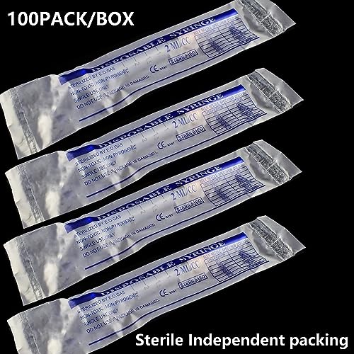100 Pack 2ml (2.5ml) Plastic Luer Lock Syringa with 25Ga and Cap, Individually Sealed Wrapped, for Scientific Labs, Measuring Liquid, Refilling Cartridges or Glue Applicator - style: 100 Pack-2.5ml 25gauge
