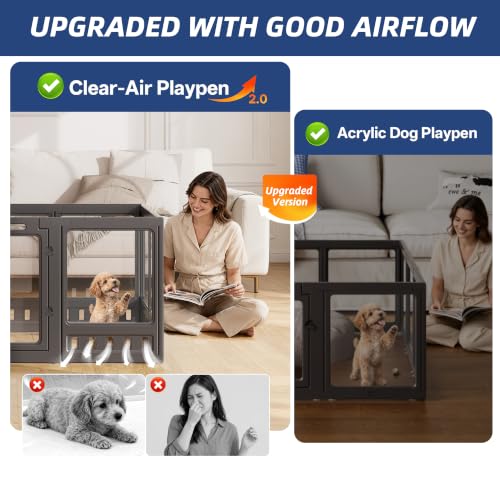 Clear-air Dog Playpen with Room Divider, Expandable Acrylic Dog Playpen to Create 2 Rooms, Clear Dog Play Pen Indoors, 30", 12 Panels, Black - color: Black, size: 30"H