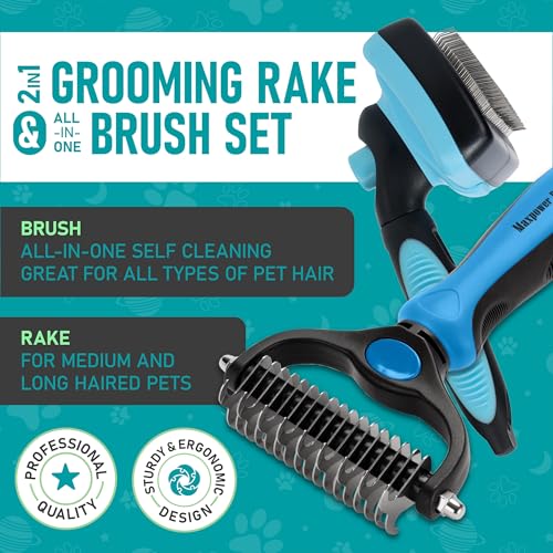 Maxpower Planet Dog Rake and Brush Set for Shedding, Undercoat & Mats | Deshedding Tool, Detangling, Self-Cleaning Design, Medium & Long Hair, For Cats Too, Gentle Grooming - color: A - Rake & Brush (Best Value), size: Large