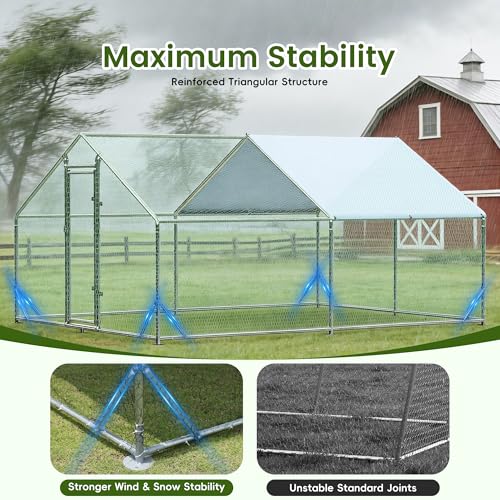 EUNHOO Large Metal Chicken Coop, 13x9.8x6.4ft Walk-in Poultry Enclosure with Peaked Roof and Waterproof Cover, Spacious Outdoor Chicken Run Cage for Backyard,Farm,Yard