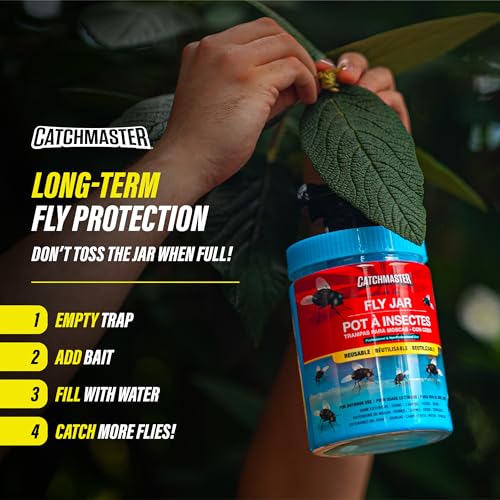 Catchmaster Reusable Outdoor Fly Trap, 6 Hanging Blue Jars with Bait | Catches All Species of Fly, Fly Traps Outdoor w/ Food-based lure, Odor Attracts Flies Away From People, Refill & Reuse