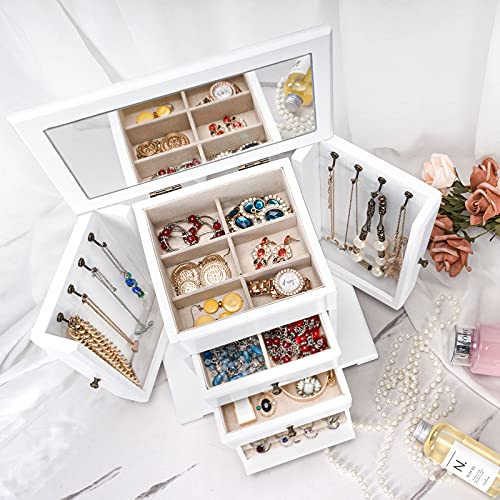 Emfogo Jewelry Box for Women, Rustic Wooden Jewelry Boxes & Organizers with Mirror, 4 Layer Jewelry Organizer Box Display for Rings Earrings Necklaces Bracelets (Weathered White) - color: Weathered White