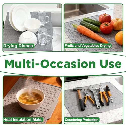 Silicone Dish Drying Mat,14"x10" Dish Drying Pad for Kitchen Counter or Sink,Non-Slip Drain Pad with Built-in Drain,Easy to Clean and Storage,Reusable