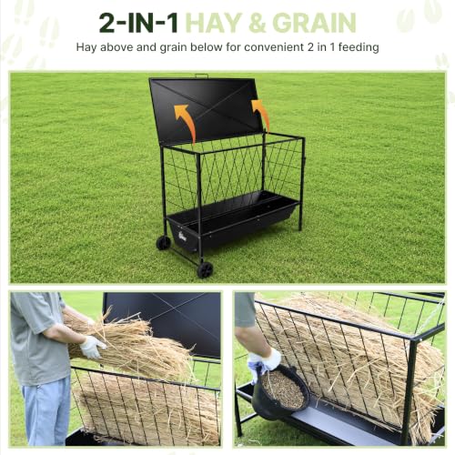 Large Hay Feeder for Goats with Roof, Wheels and Handles, Covered 2-in-1 Galvanized Steel Goat Hay Feeder Trough, 50 Gallon Rack and 20 Gallon Grain for Horse Sheep Cattle Alpacas Livestock