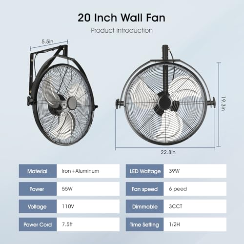 AHAWILL 20 Inch Wall Mount Fan with Lights,6-Speed High Velocity Wall Fan Dimmable Gazebo Fan,360°Adjustable Tilt Industrial Outdoor Fans for Patio,Garage,Workshop,Commercial,Black - size: 20 inch