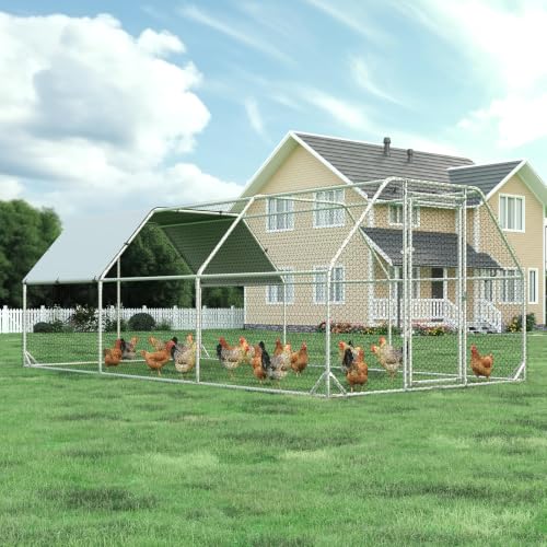 4ever2buy Metal Chicken Coop, 10x20 FT Walk-in Chicken Run Pen Poultry Cage, Water-Resistant & Anti-UV Cover, Large Chicken Coop for 18-22 Chickens - size: 224.5"L x 110.3"W x 76.8"H