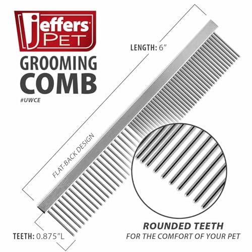 Jeffers Flat Back Pet Grooming Comb – Chrome Plated Steel Comb with Fine & Coarse Teeth for Dogs, Cats, Puppies – Detangling, Deshedding, Dematting Tool for Long or Short Hair - 6" L, 7/8" Teeth - size: 6"L
