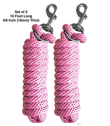 Majestic Ally Pack of 2 Solid Poly Lead Rope for Horses & Livestock – 10 Foot Long and 5/8 inch Thick - Replaceable Heavy-Duty Bolt Snap – Handmade – Soft, Broken in Feel (Pink) - color: Pink