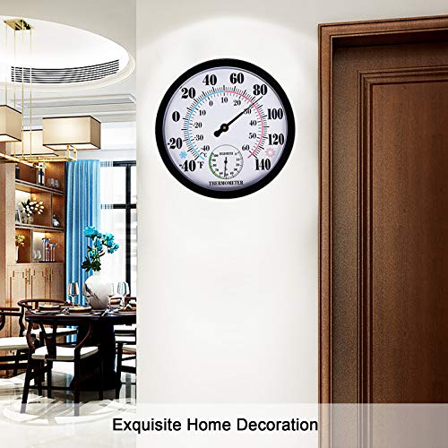 Indoor Outdoor Thermometer Large Wall Thermometer-Hygrometer Waterproof Does not Require Battery (Black) - color: Black1, size: 10 Inch