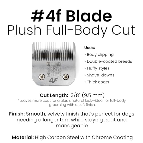 Fresh 4F Dog Grooming Blade, 3/8" (9.6 mm) Cut, Fits Andis, Oster, Wahl A5 Detachable Clippers, High-Carbon Steel with Chrome Coating, Smooth-Cut Blade for a Finished Coat Appearance - size: 4F