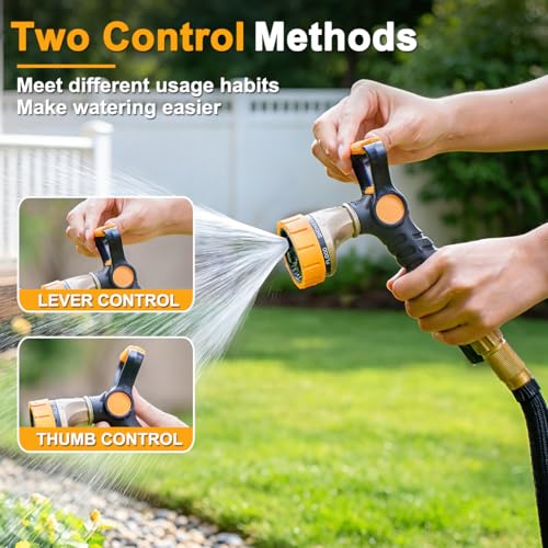 FANHAO Fireman Style Garden Hose Nozzle, Heavy Duty Metal Water Hose Nozzle | Thumb Control & Large Lever Control, 7 Adjustable Spray Patterns High Pressure Sprayer for Watering Plant, Car & Pet Washing