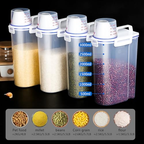 2 Pcs 5.5 LB Rice Storage Container, Airtight Cereal Flour Dispenser with Pouring Spout & Measuring Cup, Kitchen Plastic Clear Dry Food Storage Bin for Grain Oatmeal Snacks Pet Dog Food | BPA Free, Airtight Lid, See Through, with Pouring Spout, Dispenser