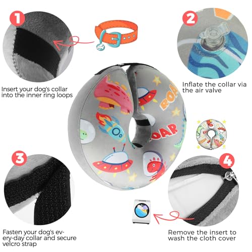 PAWCHIE Inflatable Dog Cone Collar Alternative, Soft Dog Cone for Medium to Large Dogs After Surgery, Adjustable Neck Recovery E-Collars Donut Collar with Cute Dinosaur Prints, Grey L - color: Grey, size: L(Neck:16"-18")