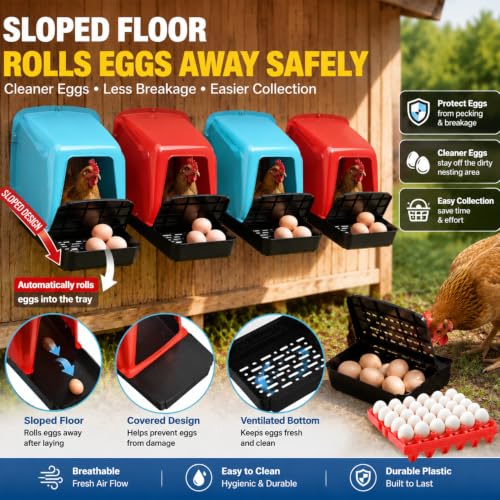 10 Pack Chicken Nesting Boxes with Roll Away Egg Collection, Plastic Chicken Laying Boxes with Covered Egg Catcher & Ventilated Egg Trays, Durable Nest Boxes for Backyard Chicken Coop & Farm, Red - color: Red