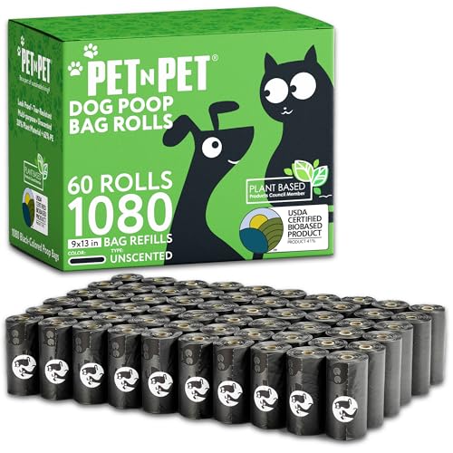 Pet N Pet Poop Bags for Dogs, 1080 Count, Plant Based, Black 9x13 Thick | 41%, 59% PE, Extra, Rolls, Unscented, Waste, Leak-Resistant, Tear-Resistant, Easy-Tear Design, Durable, dog waste bags - color: Black - Unscented