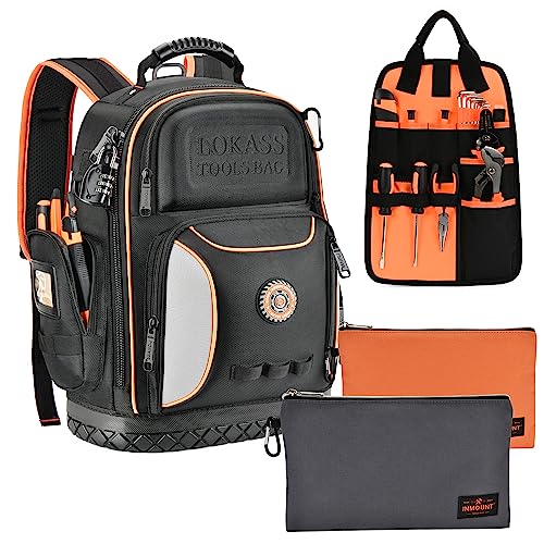 Tool Bag Backpack with 2 Canvas Tool Pouch Tool Kit, 75 Pockets & Loops Heavy Duty Tools Organizer/HVAC Tool Carrier for Eelectrician/Construction Work with Molded Base and Combination Lock, Black - color: Black1