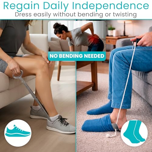Vive Sock Aid Device for Seniors and Shoe Horn Kit - Sock Puller Aid Easy | On and Off - Shoe Horn Long Handle - Adjustable