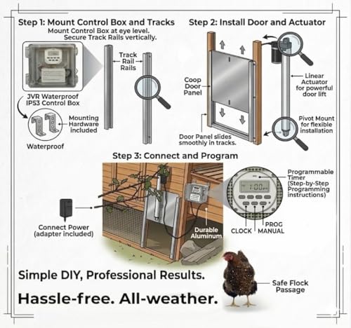 JVR Automatic Chicken Coop Door, Programmable Timer, Anti-Pinch, Aluminum | Heavy-duty aluminum door with industrial screw-rod actuator, anti-pinch sensor, and 11 x 12 in opening; timer schedule only - size: Small