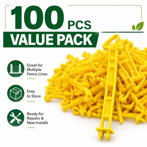 T Post Insulators 100 Pack, 5 inch Yellow Electric Fence Wire Clips | UV-resistant plastic, snap-on fit, holds fence wire away from metal T-posts for farm, ranch, pasture and garden fencing
