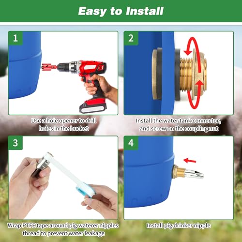 4 Pack Pig Waterer Nipples, Hog Water Nipples for Barrels Kit | Automatic Pig Nipple Waterer Kit,304 Stainless Steel, Touch-Activated Flow, PTFE Tape and 28 mm Hole Opener, Pigs and Goats