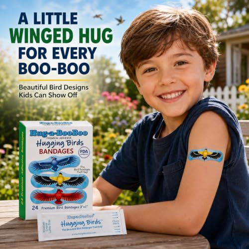 Hugging Birds - Premium Adhesive Bird Bandages from Hug-a-BooBoo, The Bird Bandages that Hug! Pretty Colorful Birds - American Goldfinch, Blue Jay, Red Cardinal, Indian Parrot 24 Ct Box - size: 24ct, style: Hugging Birds