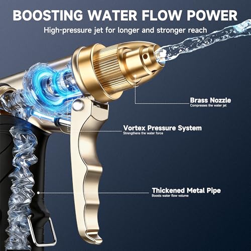 LAWN SOCIAL Metal Garden Hose Nozzle, High Pressure | Metal High Pressure Hose Sprayer, Adjustable Flow, Heavy Duty Leak-Proof, Rustproof for Car Wash, Plants & Patio - color: Golden
