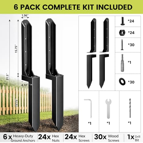 6 Pack Fence Post Repair Kit, Heavy Duty Steel Ground Spike Anchor for Fixing Leaning or Broken 4x4 & 6x6 Wood Posts, No Dig Drive-in Support for Yard, Garden & Fence - size: 6pack