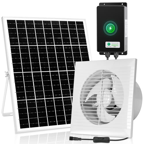 blessny 8" Solar Rechargeable Exhaust Fan for Greenhouse, Chicken Coop | 25W Solar Powered Ventilation Vent Fan with 66.6 Wh Battery Backup for Outdoor Air Circulation - size: 8" Fan Large Kit