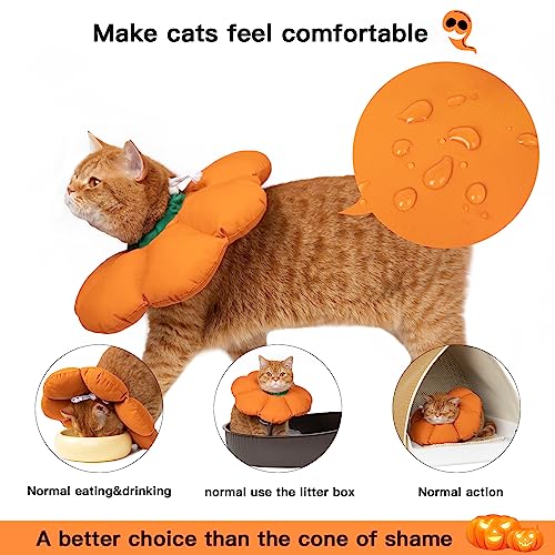 Cat Cone Collar,Cute Waterproof Recovery Collar,Anti-Bite Lick Wound Healing Safety Elizabethan e Collar for Cats,Orange Pumpkin Cat Halloween Costume - color: Orange pumpkin, size: Large