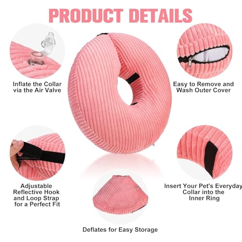 BINGPET Inflatable Dog Cone Collar,Dog Neck Donut Alternative After Surgery | Soft Cone for Large Medium Small Dogs Cats, Recovery E Collar to Stop Licking Pets from Injury, Lightweight Breathable Cotton - color: Pink, size: S(Neck: 11"-13" | Diameter: 15