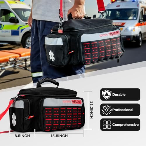 RHINO RESCUE First Responder First Aid Kit Fully-Stocked EMT Bag(Black,20L) | Professional EMT/EMS Trauma Medical Kit, Molle System & Reflective Stripe, 300+ First Aid Supplies, Suits for Business, Home - color: Black