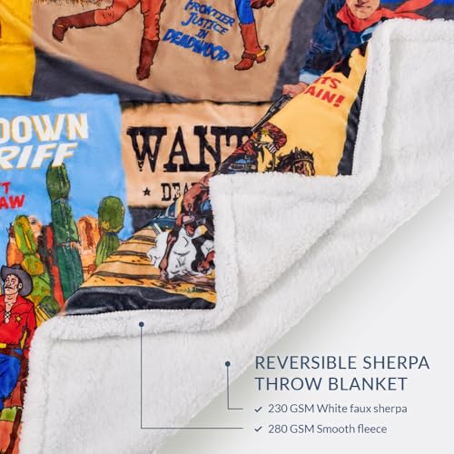 Paseo Road Indigo Hill by HiEnd Accents Bandits and Heroes 54x68 Blanket | Colorful Cowboy Outlaws Collage Print, Rustic Southwestern-Style Western Sherpa Fleece Blanket for the Couch, Sofa, or Bed - color: Heroes and Bandits
