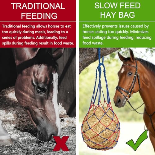 2 Pcs Slow Feed Hay Net for Horses, 34 Inch Hay Bags, Blue | For Horses/Sheep/Goat, Regulate Feeding Hanging Hay Nets for Horses Stable,Trailer,Stall Paddock - size: Blue