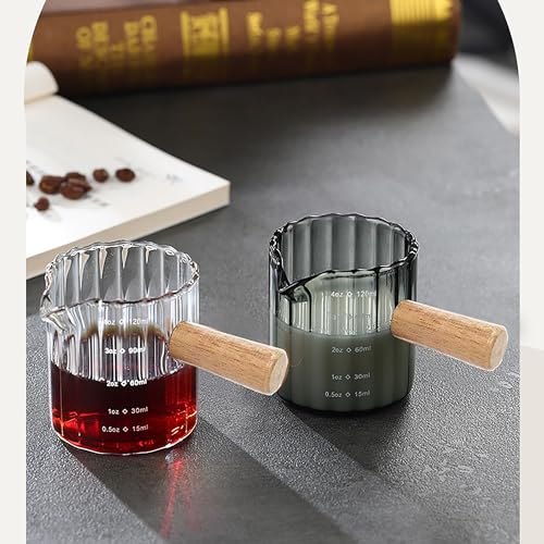Espresso Cups Set of 2, 4 OZ Espresso Shot Glasses with Wood Handle, Gray | V-Shaped Spouts, Ribbed Milk Frothing Pitcher, Small Glass Measuring Cup, Demitasse Cups, Coffee Espresso Accessories - color: Gray