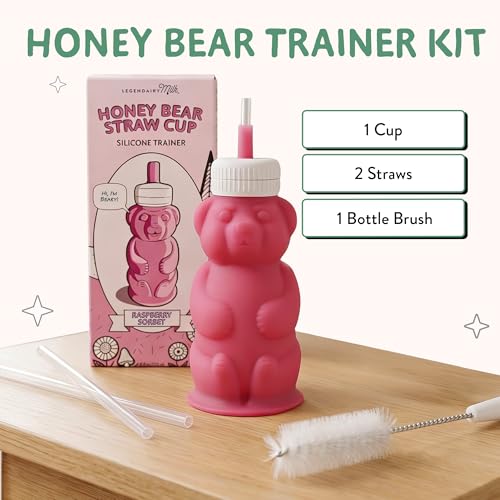 Legendairy Milk Honey Bear Straw Cup Silicone for Babies (Green/Raspberry), 8 oz. Dishwasher Safe Baby Straw Cup, Food Grade Silicone, Honeybear Sippy Cup for Ages 4+ Months (Pack of 2) - color: Green/Raspberry