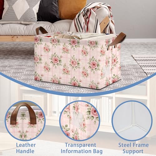 Vintage Pink Rose Storage Baskets,Foldable Large Capacity Organizer Bins with Waterproof Lining and Leather Handles for Closet,Shelf,Bedroom 17x11.5x10Inch - color: Vintage Pink Rose