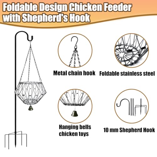 Hanging Chicken Feeder,Chicken Toys for Coop, Foldable Poultry Vegetable Fruits Feeder Basket with Shepherd's Hook, Veggie Treat Ball Boredom Toys for Chicken Coop