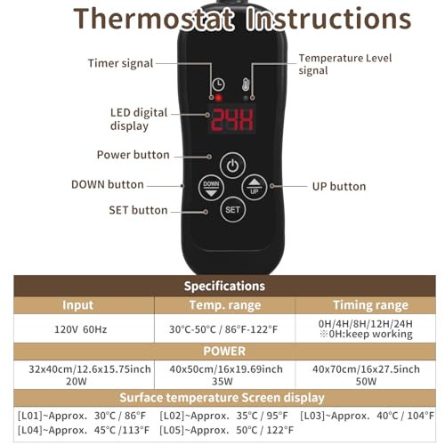 NAMOTEK Pet Heating Pad Adjustable Temperature with Timer, Waterproof Heated Mat with Chew Resistant Cord, Auto Power-Off Electric Indoor Pet Heat Pad for Dogs and Cats - size: 15"x13"