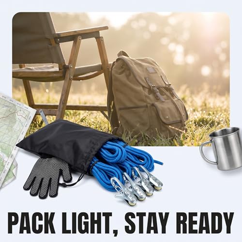 6 Pack Cam Buckle Tie Down Straps with Reflection Rope, 115LBS Break Strength Heavy Duty Tensioners, Adjustable Tent Guy Lines for Camping Cargo Securing Outdoor Activities, Includes 1 Pair Gloves