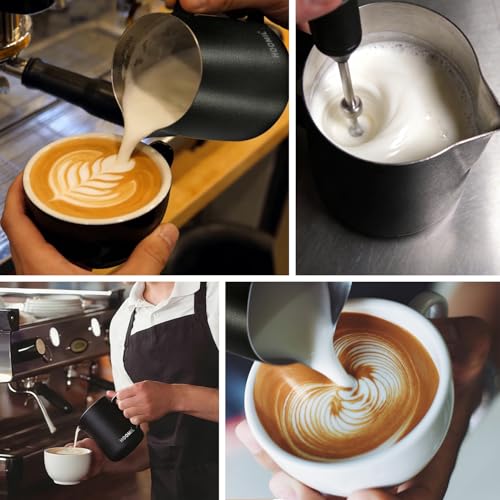 HOOMIL Milk Frothing Pitcher, 12oz/20oz/32oz 304 Stainless Steel | Steaming Pitcher with Clear Scale, Barista Milk Frother Cup Jug for Espresso Machine Coffee Cappuccino Latte Art - 20oz - color: Matte Black, size: 20 Ounces