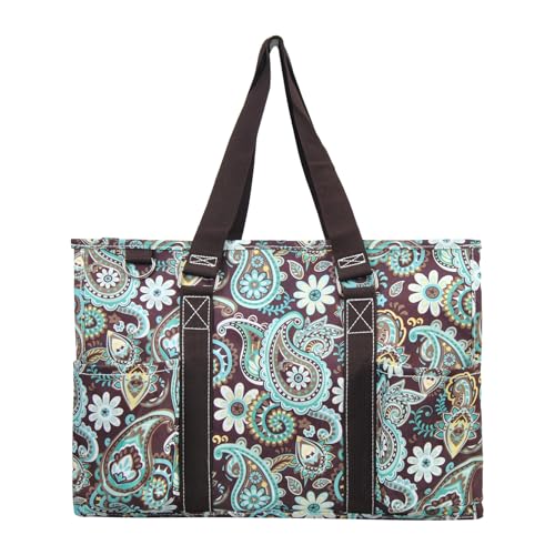 NGIL Utility Water Resistant Tote Bag | Work Tote for Women, Nurse Bag, Teacher's Choice Purse, Gym Bag, Everyday Organizer Top Zipper Closure - color: Teal Paisley-brown