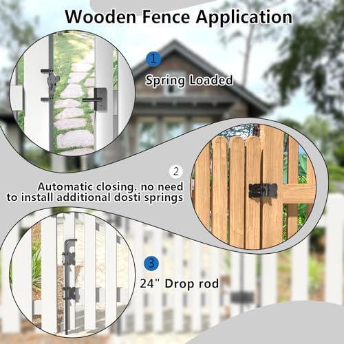 Self Closing Fence Hinges, 24" Drop Rod Cane Bolt for Gates - Easy to Install- Heavy Duty Gate Stopper Hardware for Wooden/Vinyl Fence- Safe, Secure, Sturdy, Durable