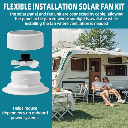 RV Solar Powered Ventilation Fan with Upgraded Larger Solar Panel Outdoor Solar-Powered Ceiling Vent Exhaust Fan with Built-in Mesh Screen for Camper, Trailer, Marine, Shed Ventilation - White