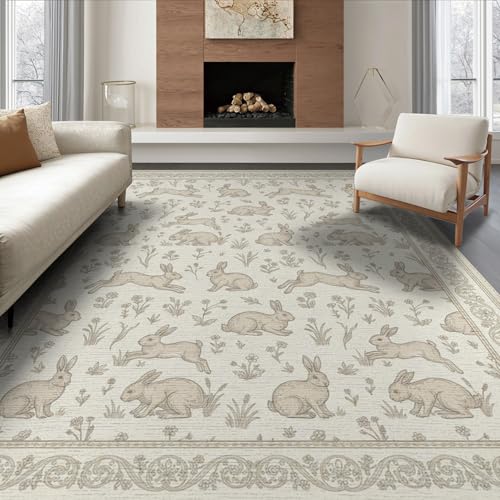 8'x10' Washable Cottagecore Bunny Large Rug, Ivory Non-Shedding Pet Friendly Carpet Foldable Easy Care Mat for King Size Bedroom, Master Suite, Under Bed | Ref:1969513 - color: Beige/Pattern 21, size: 8' x 10' (Rectangular)