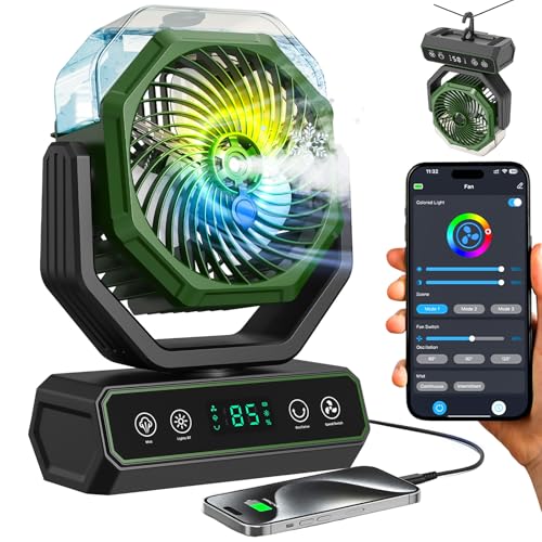 V JULES.V Portable Fan for Bedroom,40000mAh Rechargeable Desk Fan with Smart APP Remote Control,Misting Fan with RGB Lights,Timer,5 Speed Camping Fan for Travel,Tents,Beach,Office,Outdoor-Army Green