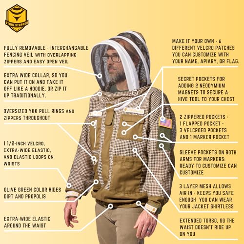 Sting Stopper Ventilated Beekeeping Jacket with Veil, Olive Green, X-Small | Triple Layer, Breathable, Long Torso, 7 Pockets, YKK Zippers, For Men & Women - color: Olive Green, size: X-Small