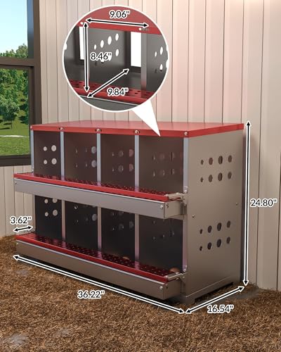 8-Compartment Chicken Nesting Box, Heavy Duty Galvanized Steel Poultry Nest Box, Wall Mount/Freestanding Design for Hens, Ducks, Backyard Homesteads & Farm Use, Red, with 8 Eggs, No Stand - color: Red, size: 8 Room&eggs